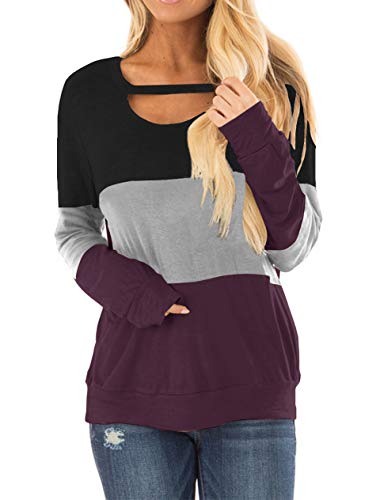 Minclouse Women's Color Block Long Sleeves Tunic Cutout Choker Tops Crew Neck Casual Loose Blouses Cute Sweatshirts