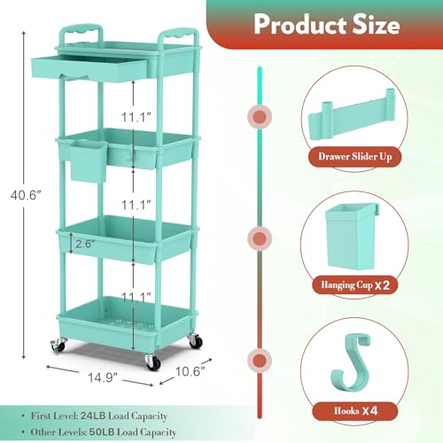 Image of SUNALLY Makeup Cart Organizer with Drawer, 4 Tier Rolling Makeup Cart, Blue
