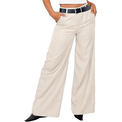 Womens High Waisted Striped Loose Fit Straight Wide Leg