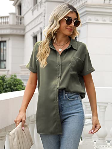 Sucolan Women's Silk Blouses Fashion Satin Button Down Shirts Short Sleeve Button Up Shirt Green Tops For Women Green M #TOP1