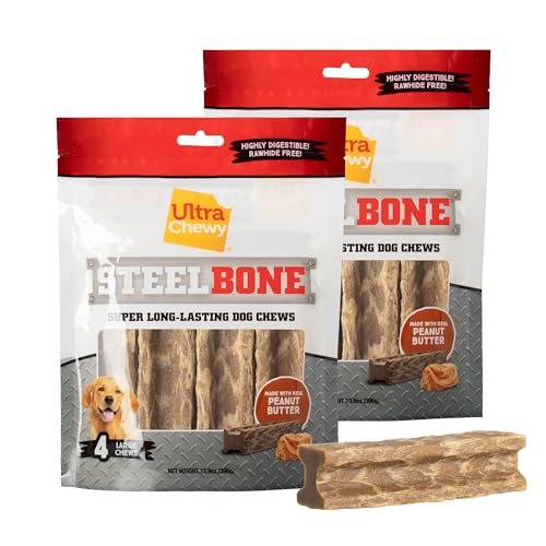 Ultra Chewy Steel Bones Large Size Peanut Butter Flavor - Super Long Lasting Dog Chews - Rawhide Free & Highly Digestible - Unique Shape Helps Clean Teeth - Ideal Dog Bones for Aggressive Chewers