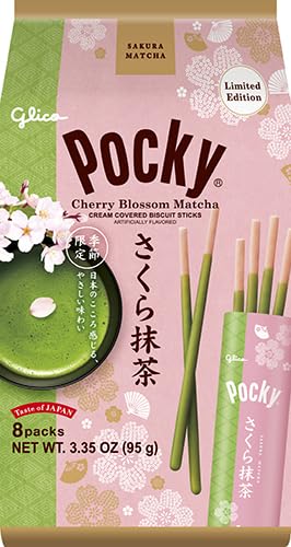 Pocky Cherry Blossom Matcha Biscuit Sticks – Limited Edition Sakura & Matcha Flavor, Crispy Biscuit Sticks Coated in Green Tea Cream, 2.47oz (1 Pack)
