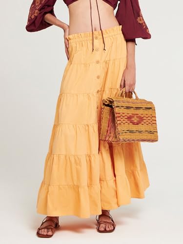 Women Summer Tiered Button Maxi Skirt Elastic High Waist A Line Boho Beach Dress Flowy Swing Long Skirts4