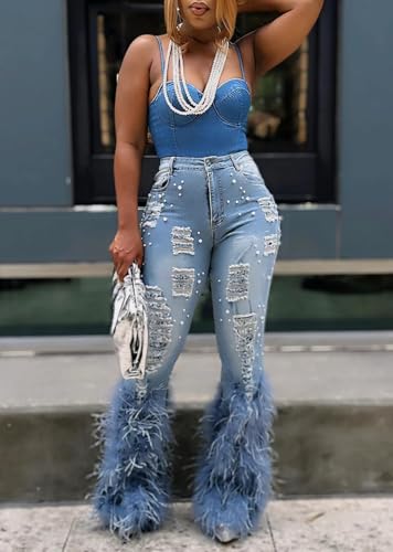 YOOTIKO Women Stretch Pearl Ripped Jeans High Waisted Butt Lifting Skinny Feather Flare Denim Pants2