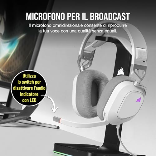 HS80 RGB USB Cuffia Gaming con Microfono Premium con Audio Surround 7.1, Microfono Broadcast Omnidirezionale, Controlli per Volume e Mute sul Padiglione, Illuminazione RGB Dinamica, Bianco - Cuffia gaming - Immagine 2