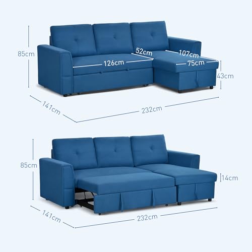 HOMCOM 3 Seater Sofa Bed, L Shaped Pull Out Sofa Bed with Storage, Convertible Click Clack Settee Sectional Sleeper Futon for Living Room, Office, Dark Blue - Image 3