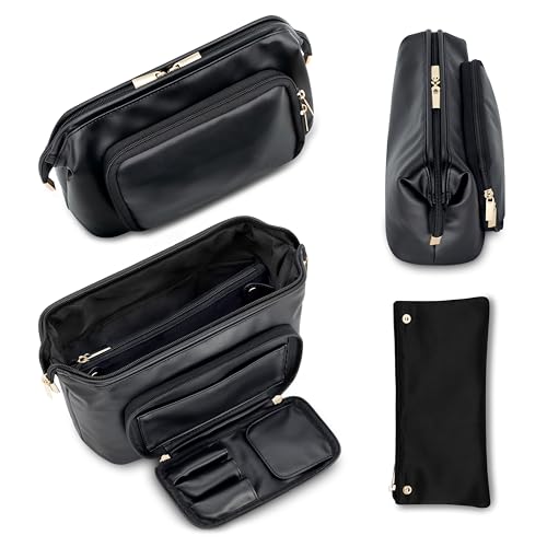 Travel Makeup Bag with Brush Compartment, Large Capacity Cosmetic Case, PU Leather Toiletry Bag, Open Flat Cosmetic Storage, Beauty Organizer for Women