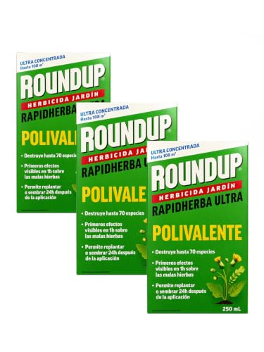 ROUNDUP Herbicida concentrado 750ml (3x250ml) para todo tipo de malas hierbas | Herbicida de contacto Secante similar al Glifosato |
