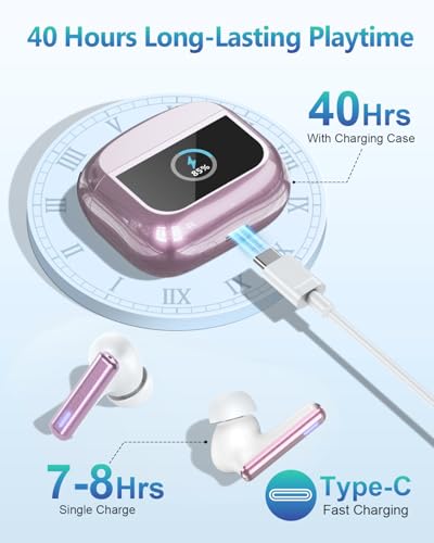 Image of ZIUTY Wireless Earbuds Bluetooth Headphones, ANC /ENC Noise Cancelling, Ear Buds with Multifuntional Touch Screen, 40H Stereo Sound for Sports, IPX7 Clear Calls, 5 EQ for iOS Android (Pink)