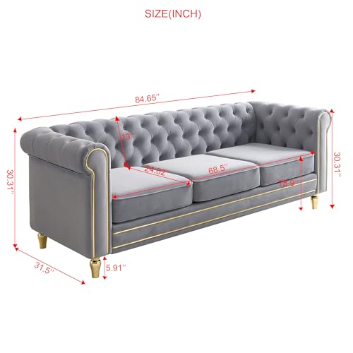 Image of KEIKI 85 inch Chesterfield Velvet Tufted Button Sofa with Deep Seat Cushions and Rolled Arms, Modern 3-Seater Couch Decorated with Gold Strip, Easy Assembly, for Living Room, Bedroom, Office, Light Grey