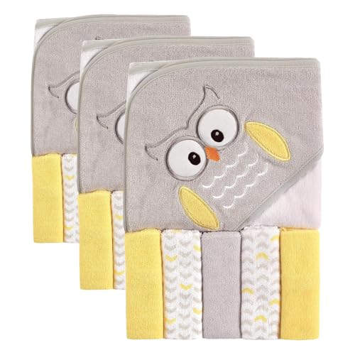 Image of Luvable Friends Unisex Baby Hooded Towel with Five Washcloths, Owl, One Size (Pack of 3)