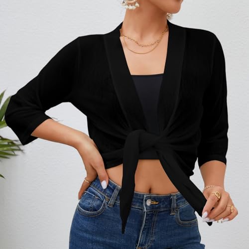 Womens White Black Shrug Sheer 3/4 Sleeve Summer Tie Front Cardigan4