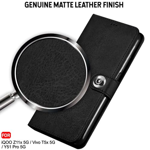 Image of TheGiftKart Flip Back Cover Case for iQOO Z11x 5G / Vivo T5x 5G / Vivo Y51 Pro 5G | Genuine Leather Finish | Designer Button | Inbuilt Pockets & Stand | Flip Back Case Cover (Faux Leather, Black)
