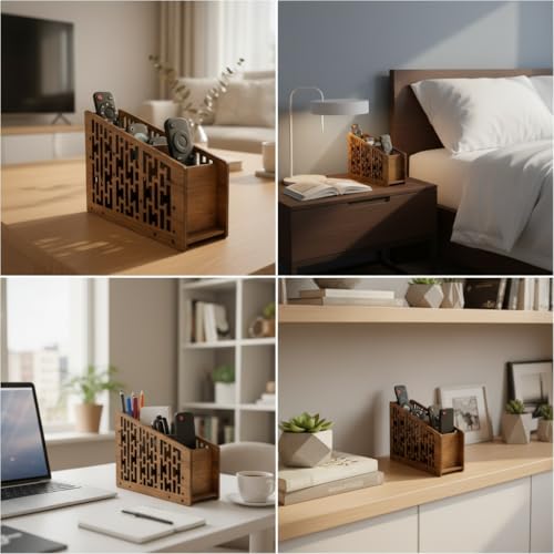 Image of Wooden Remote Control Holder - 4 Slot Remote Organizer Stand for Coffee Table TV Remote Caddy Storage Box for Living Room & Desk Size 7 x 5 x 2.5 Inches
