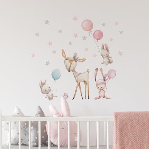 Image of Wall Stickers for Kids Room Baby Nursery Decoration - Woodland Animals Bunny Deer Balloon Decals for Girls Bedroom - Waterproof Removable Self Adhesive Pink Grey Stars Wall Stickers for Room Decor