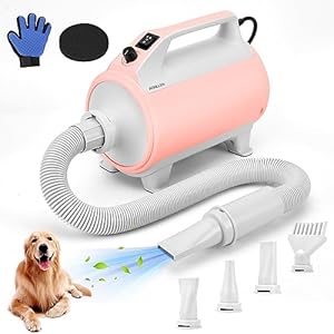 Dog Hair Dryer, 4.3hp Stepless Adjustable Speed High Velocity Dryer for Dogs, Dog Blower Grooming Dryer with Heater,4 Nozzles, and Pet Grooming Gloves Supplies