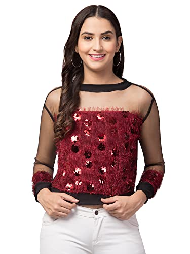Image of NEOAMBER Women Stylish Sleeveless Sequin Net Western Cami Party Crop Top