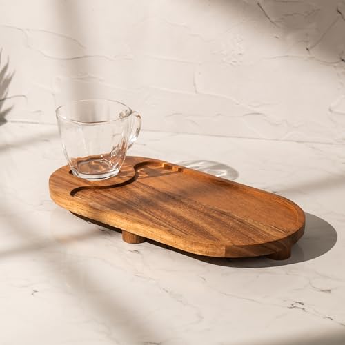 Image of Sanjh Serving Tray - Acacia Wood & Glass Cup Tray - Multipurpose Tray for Tea, Snacks & Drinks (6x12x3.875 inches)