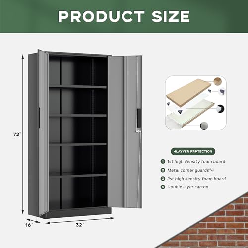 Image of Greenvelly Metal Storage Cabinet,72 inch Locking Metal Garage Storage Cabinet with Doors and 4 Adjustable Shelves, Lockable Steel Cabinet for Home Office, Garage, Shop, School (Black Grey 32 inch W x 16 inch D)