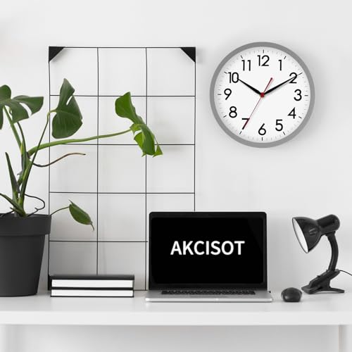 Image of AKCISOT Wall Clock 10 Inch Silent Non-Ticking Modern Clocks Battery Operated - Analog Classic for Office, Home, Bathroom, Kitchen, Bedroom, School, Living Room(Gray)