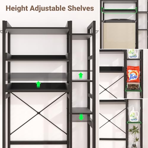 Besiost Over The Toilet Storage with 2 Drawers - 7 Tier Bathroom Organizer with Adjustable Shelf, Freestanding Space Saver Storage Rack Above Toilet Stand with 4 Hooks for Restroom, Laundry, Black