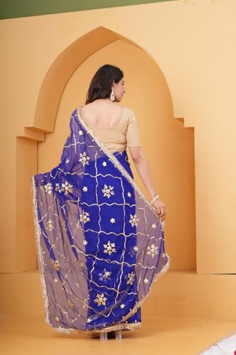 Image of Embroidered Net Saree with Blouse for Women | Royal Blue Saree with Floral Gota Patti Work | Festive Ethnic Saree | Traditional Ethnic Wear