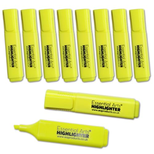 Essential Arts Square Yellow Highlighter Pen Pack of 10 | Chisel Tip Fluorescent Highlight Marker Pens for Office School Art and Business