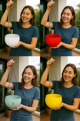 Image of Hanging Flower Pots with Chain - Set of 4 | Eco-Friendly White Plastic Planters for Balcony, Indoor & Outdoor Use | Round Ribbed Design (Mix Color 4 Pieces)
