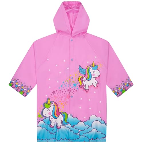 Puddle Play Kids Waterproof Rain Slicker Jacket, Pink Unicorn & Stars Design, Hooded with Snap Closure – Lightweight Girls Raincoat, Size 4-5 years