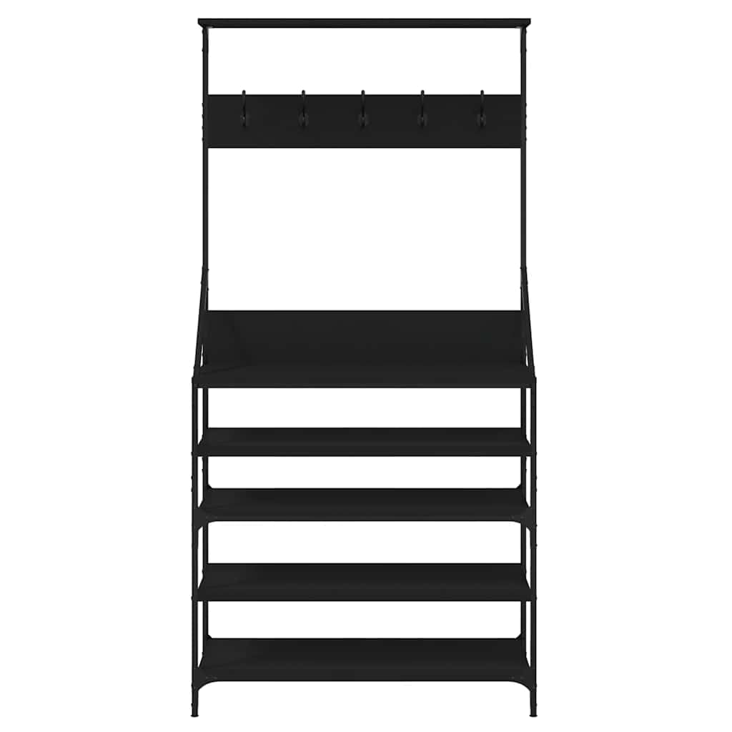 Kleiderständer Garderobe mit Schuhablage Schwarz 90x34x184 cm freistehend aus Holzwerkstoff und Metall platzsparend mit Haken und Rollen für Flur Schlafzimmer Ankleidezimmer