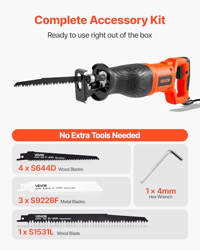 Image of VEVOR 7.5 Amp Corded Reciprocating Saw, 1-1 /8 inch Stroke Length, Power Reciprocating Saw with Variable Speed, 2800 SPM, 8 Blades & Bag Included, for Wood, Metal, and Plastic Cutting