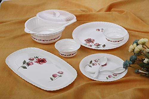 Image of Dinner Set of 32 psc Exclusive Plastic Printed Round Dinner Set. 6 Big PLATS, 6 Small PLATS, 12 Small Bowl,3 Big Spoon, 2 Big Bowl with 2 LID 1 Big Plate .(Pink Color) (32)