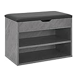 Juskys Schuhregal mit Klappdeckel und gepolstertem Sitz 60x30x44 cm - Schmale Sitzbank aus Holz mit Schuhablage und Polster - Betonoptik