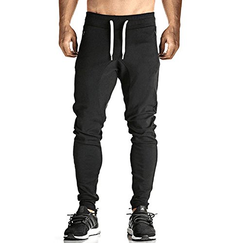 Gopune Men's Basic Active Running Gym Jogger Trousers with Zipper Pockets(Black01,M)
