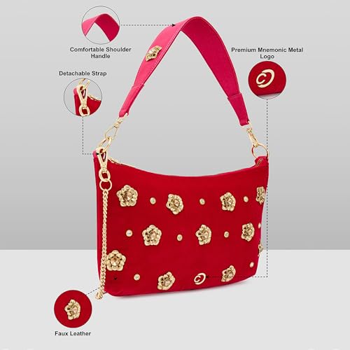 Image of Caprese Sapphire Small Hobo Bag for Women | Embroidery Velvet Sling Bag with Decorative Metal Flowers & Detachable Chain | Ideal for Festive Occasions