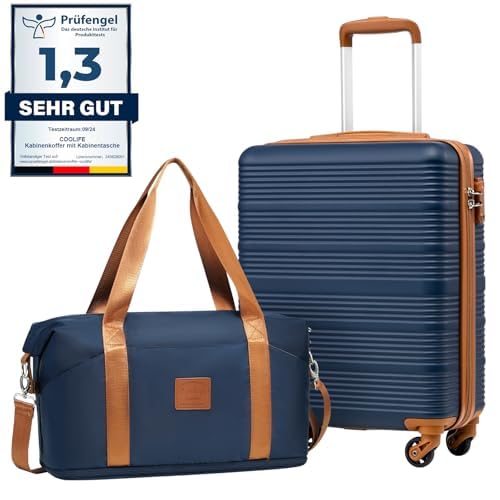 COOLIFE Maleta Cabina 55x40x20 para Easyjet, Bolsa de Viaje 45x36x20cm para Viajes Cortos y Viajes de Negocios, Trolley Cabina de ABS con Candado TSA, 4 Ruedas de 360° (Azul/Marrón)