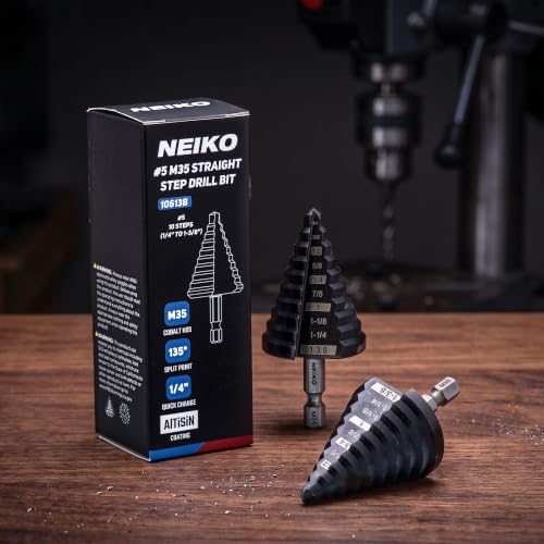 Image of NEIKO 10613B Step Drill Bit, 10 Steps 1 /4 inch to 1-3 /8 inch Straight M35 Cobalt, AlTiSiN Coated, 1 /4 inch Quick Change Step Bits for Steel, Metal, Wood, Plastic, Unibit Cone Drill Bits, Two Flute