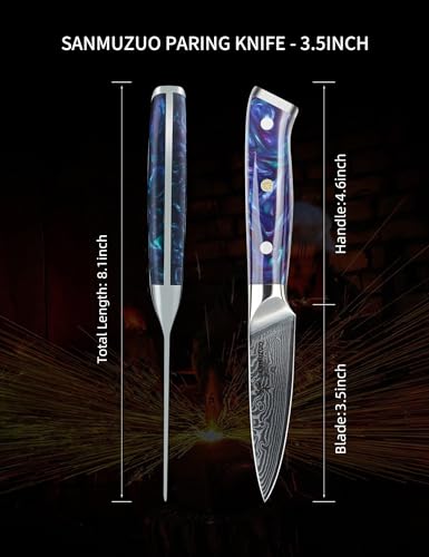 Miniatura 4 de Sanmuzuo Cuchillo Pelador De Damasco, Cuchillo Cocina 9cm Profesional Para Pelar Cortar Verdura, Fruta, Carne - Serie Xuan - Acero De Damasco Con Mango De Resina Azul Zafir