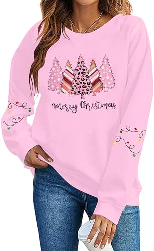Christmas Sweatshirt for Women Merry and Bright Graphic Long Sleeve Shirt Crewneck Pullover Tops Blouse Xmas Pink XL