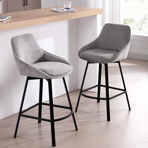 Image of Zesthouse Swivel Counter Height Bar Stools Set of 2, 26'' Modern Counter Height Barstools with Backs, Upholstered Linen Fabric Stools for Kitchen Island, Counter Top Stools with Metal Legs, Grey