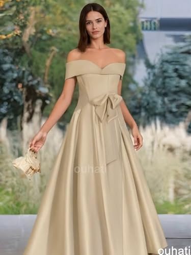 Tea Length Satin Mother of Bride Dresses with Bow Off Shoulder Formal Evening Party Dress for Wedding2