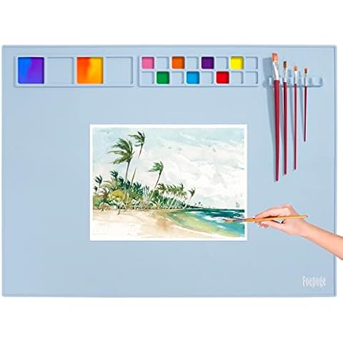 31.5" x 23.6" Extra Large Silicone Craft Mat for Table, Silicon Art Mat with 16 Paint Palette, 4 Color Mixing Grids & 5 Brush Holder, Multifunction Silicone Painting Mat for Crafts by Fogpoge, Blue Cover