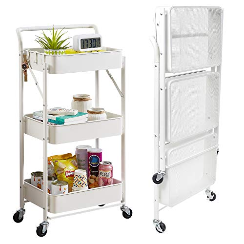 Plegable Carrito de Cocina, Carro de Almacenamiento de 3 Niveles, Multiuso de Tres Niveles Carrito con Bloquear Ruedas, para la Cocina, Baño, Dormitorio, Cocina, Oficina, de Almacenamiento (Blanco)