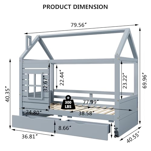 Aoowow-Twin-Size-Kids-House-Bed-with-2-Drawers-Wooden-Platform-Twin-Bed-Frame-with-Window-and-Roof-for-Bedroom-Modern-Twin-Size-Kid-Playhouse-Bed-with-Slats-for-Boys-Girls-Can-be-Decorated-Grey Aoowow Twin Size Kids House Bed with 2 Drawers Wooden Platform Twin Bed Frame with Window and Roof for Bedroom Modern Twin Size Kid Playhouse Bed with Slats for Boys Girls Can be Decorated Grey