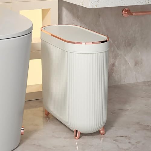 Aupekro Bathroom Trash Can with Lid, 3.1 Gallon/12 Liter Slim Rubbish Bin Wastebasket, Rectangular Plastic Narrow Garbage Container Bin for Living Room, Kitchen, Toilet, Office(White)