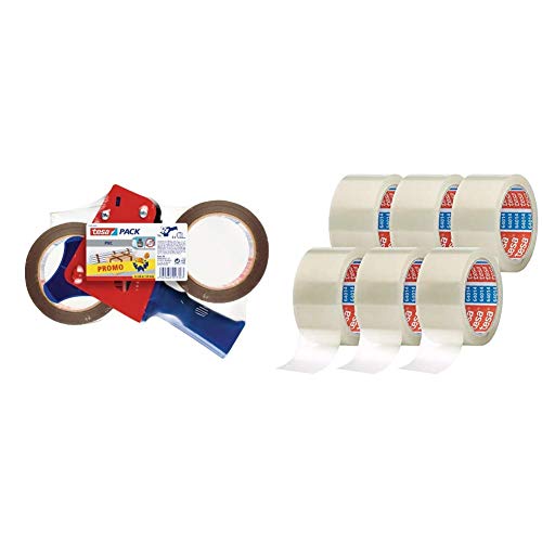 tesapack Ultra Strong und Handabroller im Set mit 2 besonders reißfesten PVC-Klebebändern - Braun - 66 m x 50 mm & ack 64014 im 6er Pack - Geräuscharmes Paketklebeband - transparent - 6 Rollen je 66 m