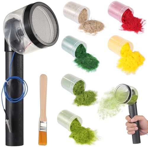 Static Grass Applicator Flocking Kit - Sand Table Model Materials Set ncludes 6 Colors Grass and Brush ABS Applicator with Anti-Slip Handle for Miniatures Landscape Craft