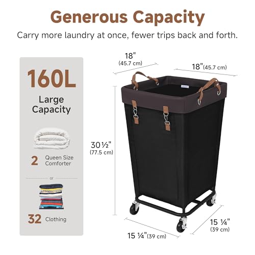Image of StorageWorks Laundry Basket with Wheels for Clothes, 160L Black Hamper Cart