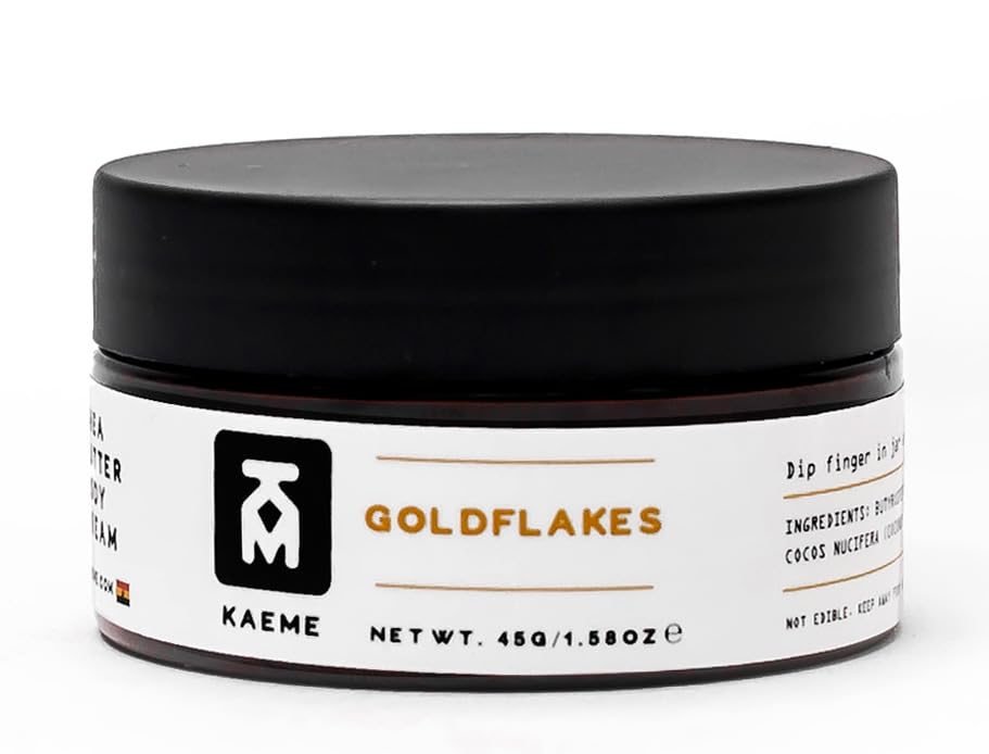 KAEME GOLDFLAKES - Crema corporal de manteca de karité batida, hecha a mano con manteca de karité natural 100% cruda, crema corporal nutritiva, para