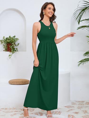 Image of DEARCASE Sleeveless Maxi Dress for Women Dark Green Large Wedding Guest A-line Casual Party Vintage Spring Summer Floor Length Ladies Beach Sundress Plain Vacation Long Flowy Dresses with Pockets